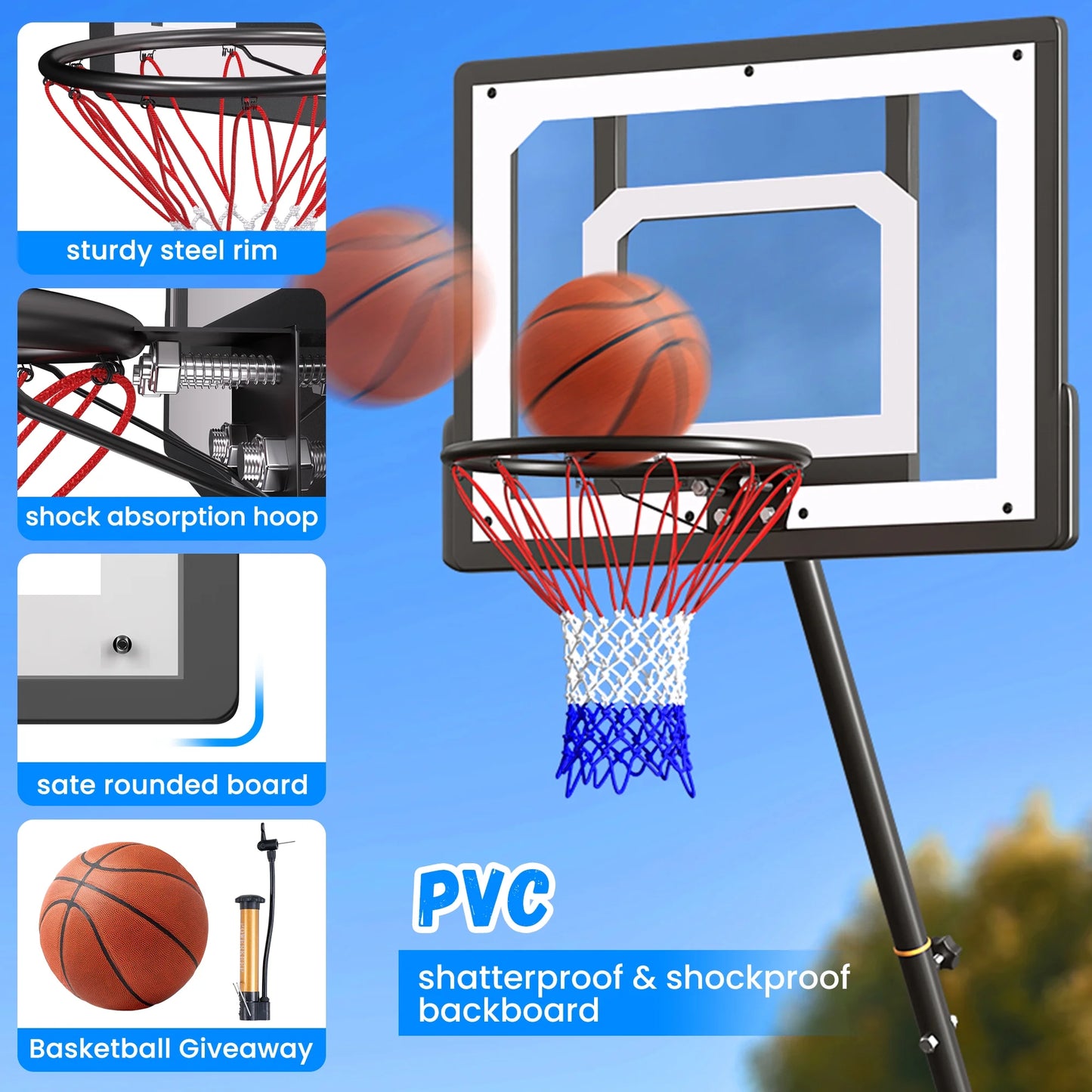Basketball Hoop with Basketball for Kids Adults 33", Adjustable Height 5-8.5' Portable Pool Basketball Goal Outdoor Indoor