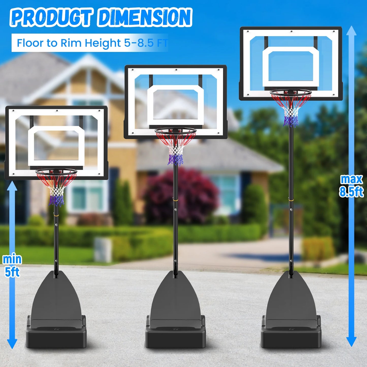Basketball Hoop with Basketball for Kids Adults 33", Adjustable Height 5-8.5' Portable Pool Basketball Goal Outdoor Indoor
