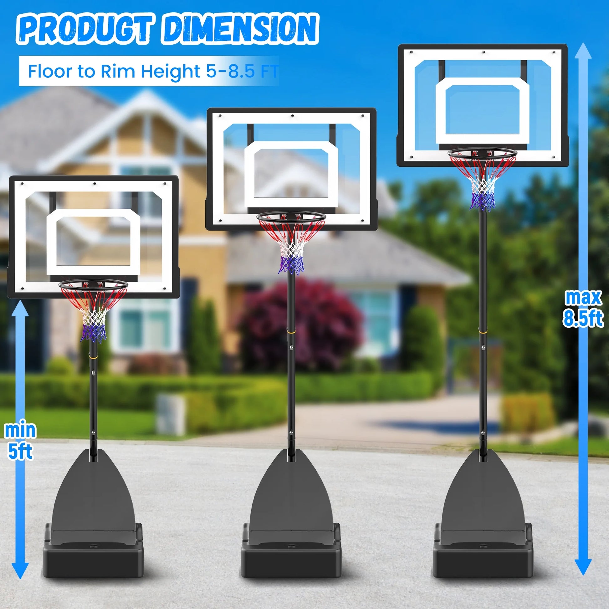 Basketball Hoop with Basketball for Kids Adults 33", Adjustable Height 5-8.5' Portable Pool Basketball Goal Outdoor Indoor